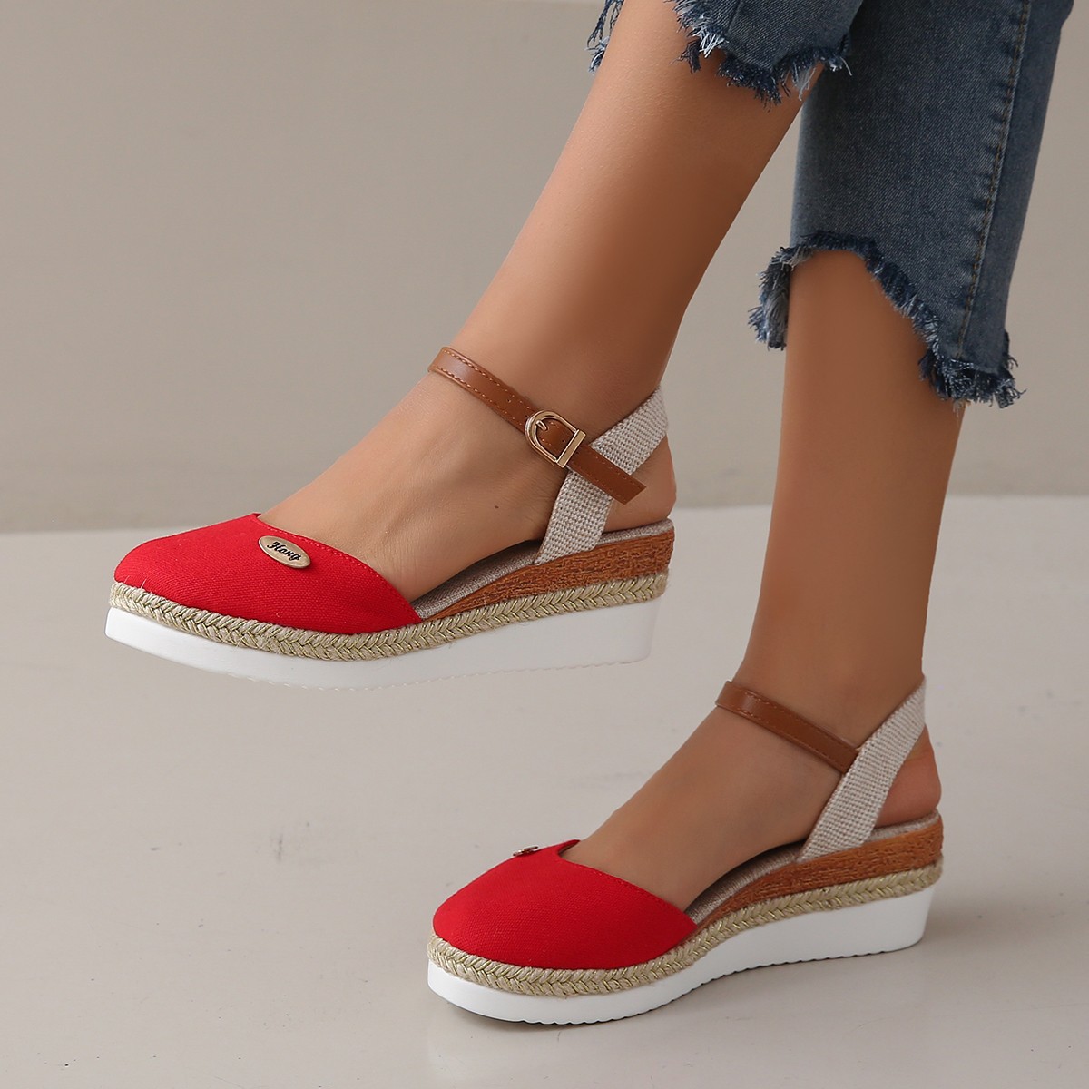 Spot Cross-border Foreign Trade Large Size Color-matching Baotou Rear Empty Sandals Wedge Heeled Lightweight Hemp Rope Buckle Women's Shoes Cool Thick Sole