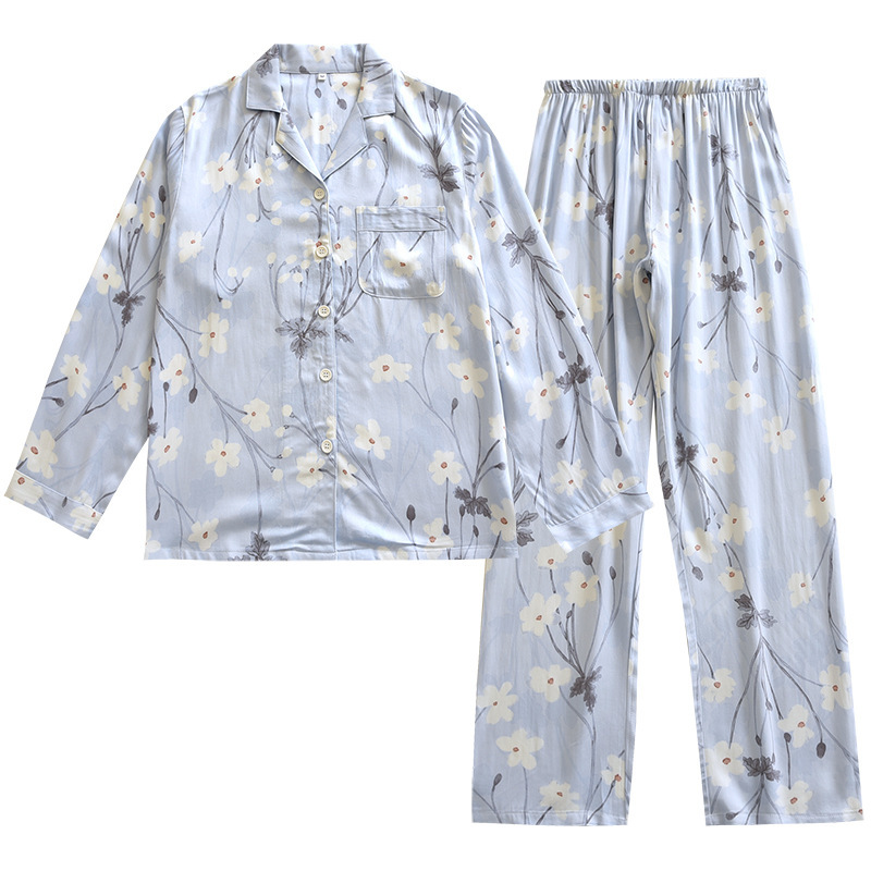 New Women's Spring and Summer High-end Satin Pajamas Cotton Silk Pajamas Pastoral Long Sleeve Trousers Home Wear Set Thin