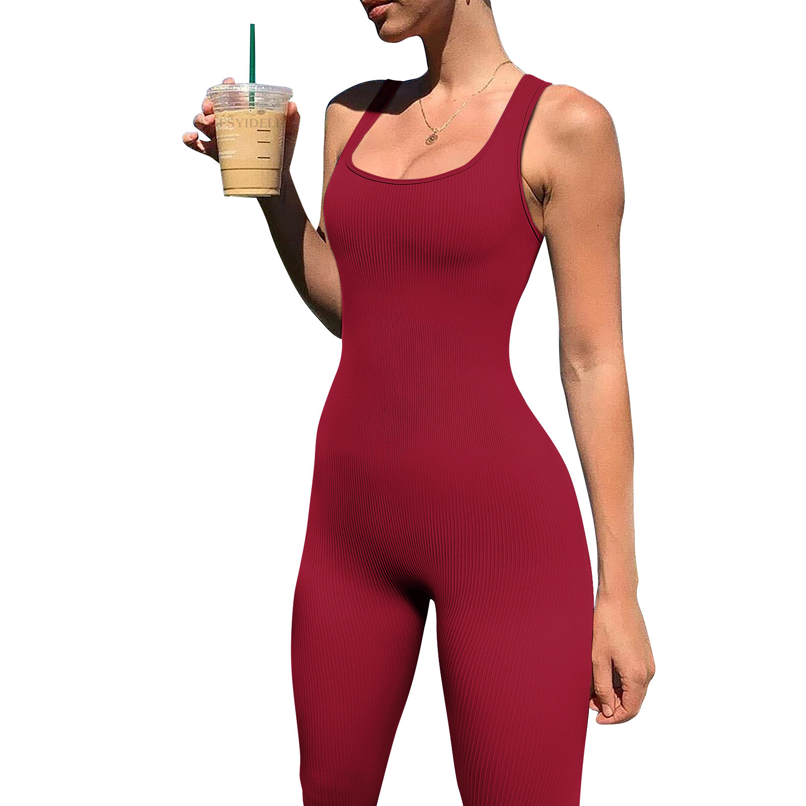Foreign trade Women's solid color sleeveless vest jumpsuit thread square collar backless hip lift slim sports jumpsuit in stock