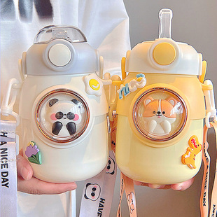 Large Capacity Cartoon Children's Thermos Cup Students School Strap Straw Big Belly Water Cup Girls Outdoor Kettle
