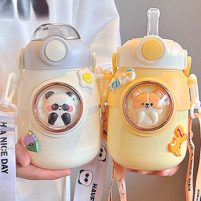 Large Capacity Cartoon Children's Thermos Cup Students School Strap Straw Big Belly Water Cup Girls Outdoor Kettle