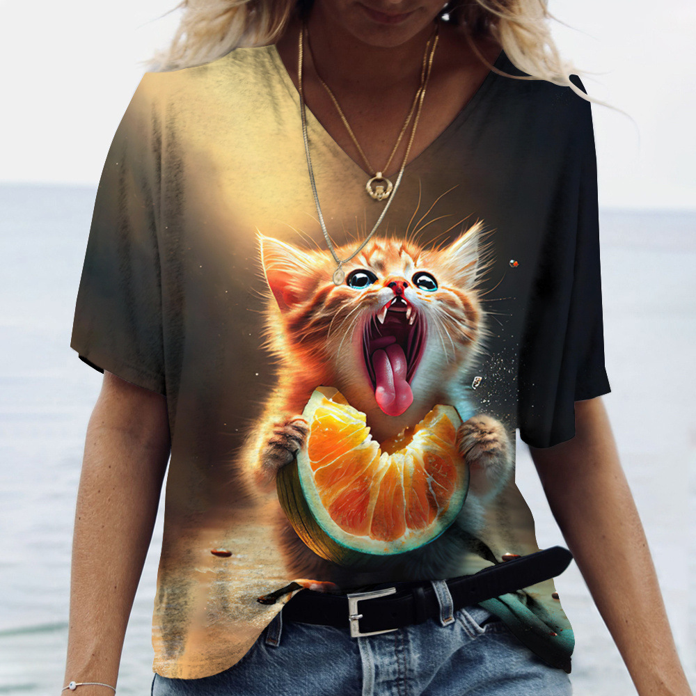 New Cat Women's V-neck T-shirt loose casual printed 2023 casual temperament AliExpress shrimp skin hot selling top