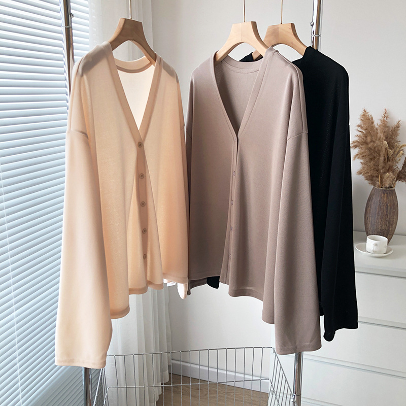 V-Neck Thin Ice Silk Cardigan Women's Spring and Summer New Korean-style Loose Sunscreen Clothes All-match Button Long-sleeved Knitwear