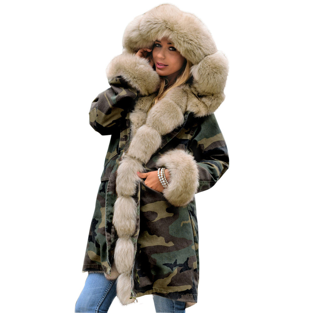 2022 Autumn and Winter New Slim-fit Warm Cotton-padded Coat Women's Camouflage Coat Long Fur Collar Hooded Coat_voghion.com