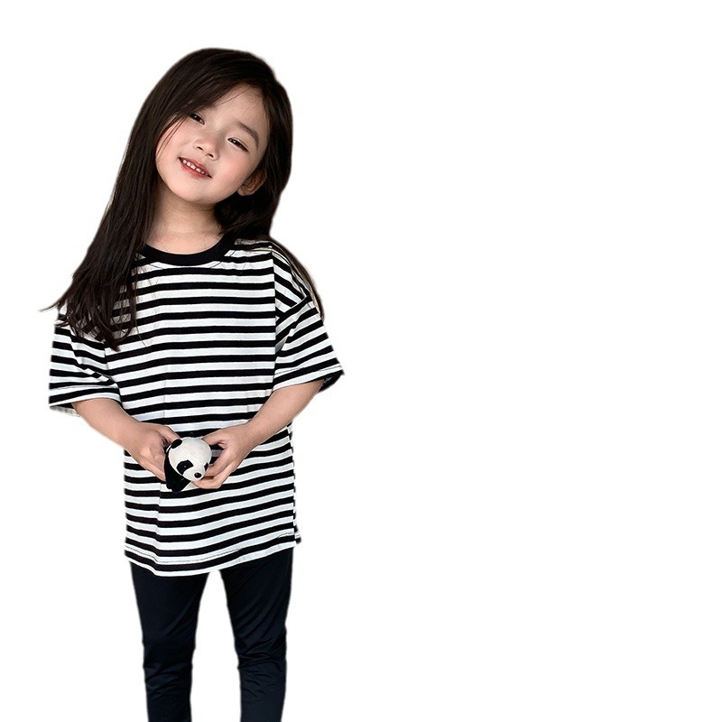 Children's T-shirt 2024 spring boys and girls Korean striped short sleeve children's round neck casual loose top