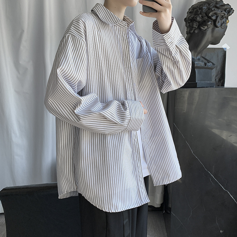 2023 new Japanese striped shirt men's long-sleeved shirt Hong Kong style men's Korean style trendy autumn casual jacket love