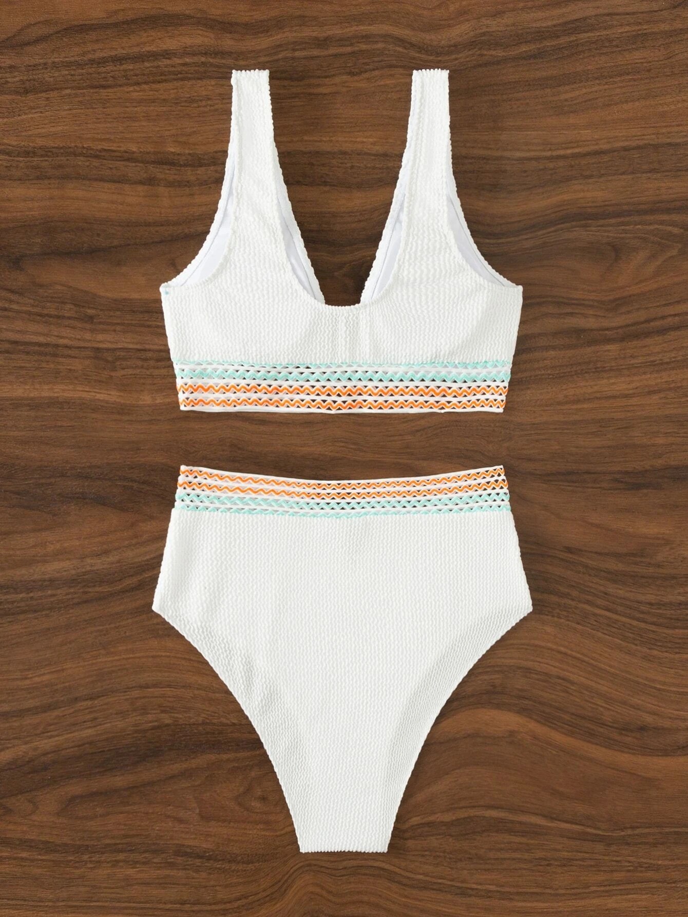 European and American Foreign Trade Swimsuit Women's Split High Waist Belt Stitching Solid Color Special Fabric Internet Celebrated swimsuit Bikini