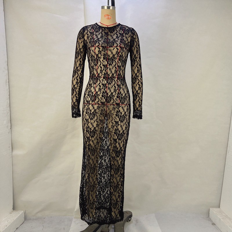 Cross-border European and American women's clothing 2024 spring and summer new pure color lace perspective long sleeve mid-length dress women's vacation