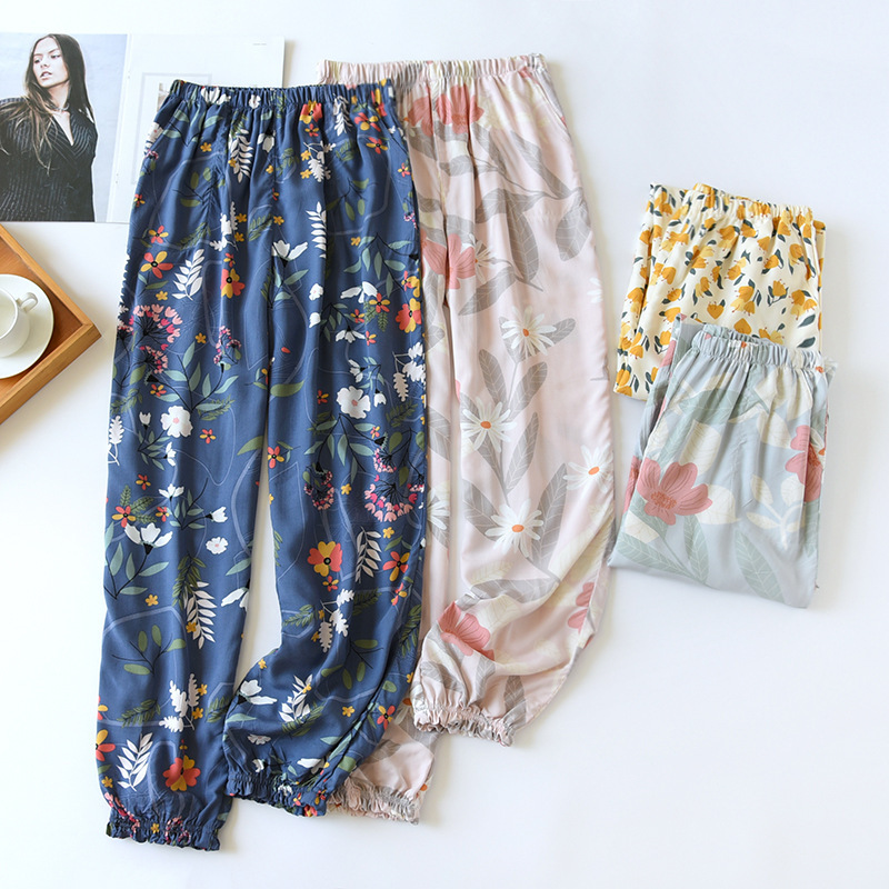 New women's summer rayon pajama pants thin cotton silk closed trousers air conditioning pants mosquito-proof beach pants multi-color one-piece delivery
