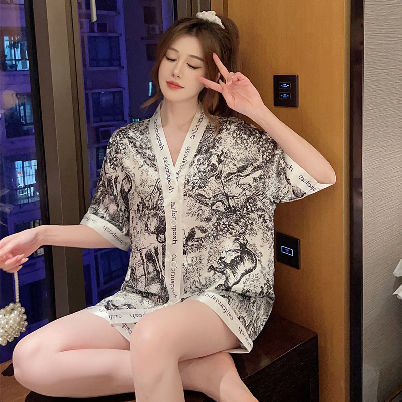 氷糸パジャマ女性夏半袖ネット紅風は春夏氷糸家庭服セットを着ることができる|undefined