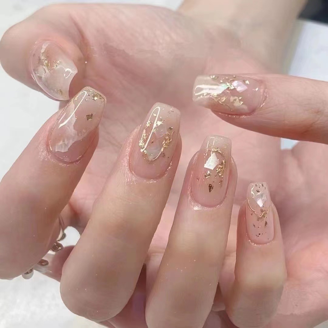 New pure hand-worn armor vignette gentle temperament Mica Shell nail art finished phototherapy fake nail stickers