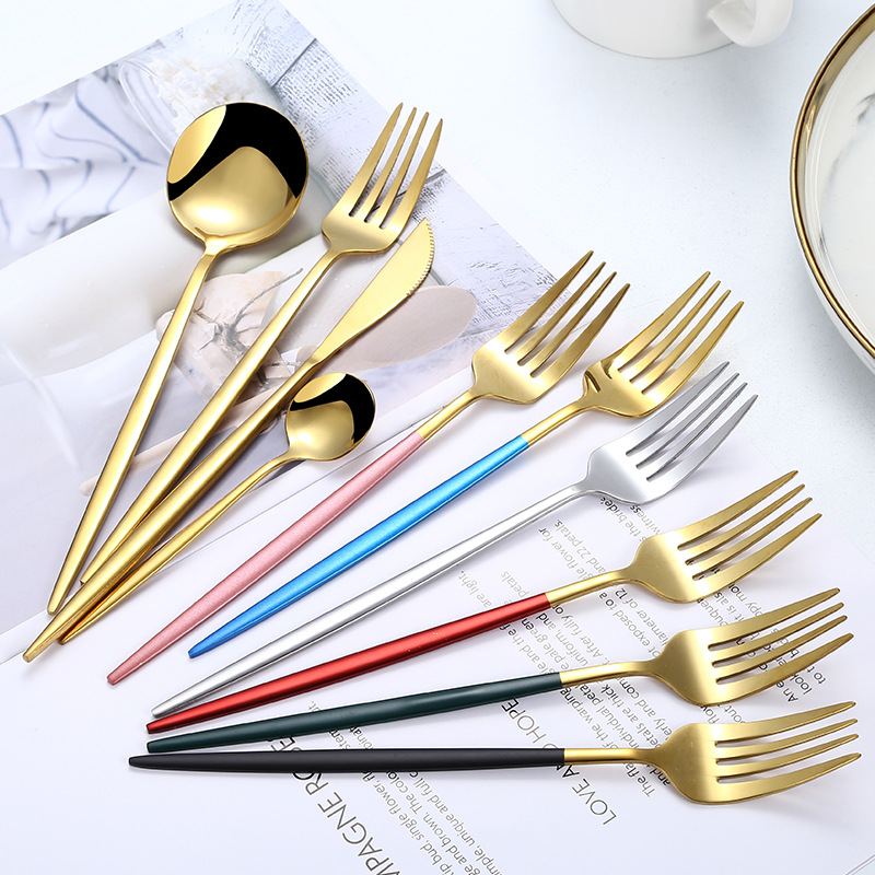304 stainless steel knife and fork spoon Portuguese steak knife and fork Western food hotel tableware creative green gold knife and fork spoon set