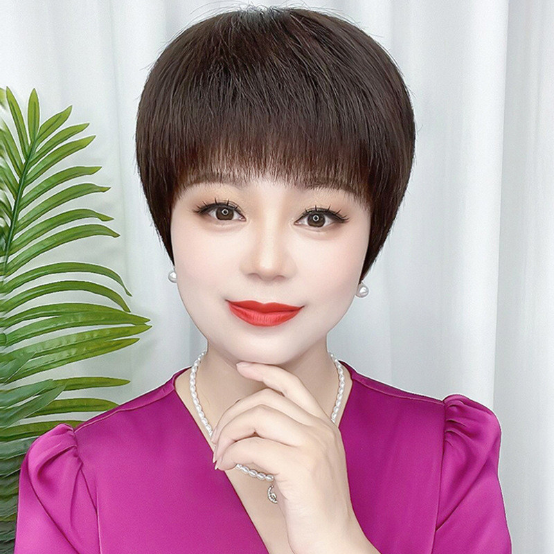 Wig Women's Short Hair Real Hair Full Human Hair Summer Hand-woven Mother Middle-aged and Elderly Natural Fluffy Women's Wig Cover