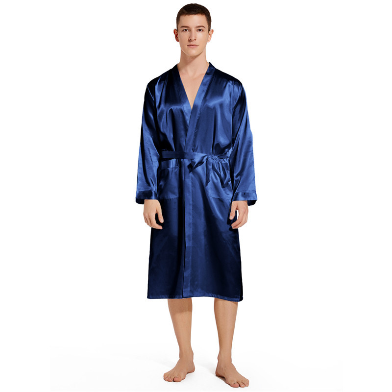 Cross-border High-end Spring and Summer Thin Silk-like European and American Style Household Nightgown plus size Loose Men's Long Bathrobe
