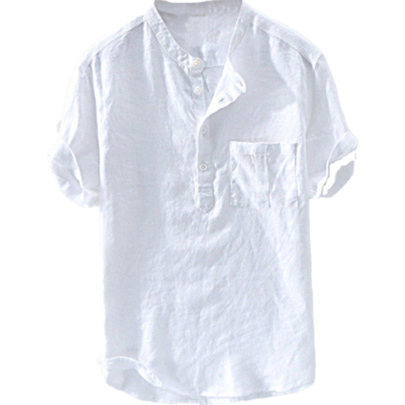 2023 summer men's casual solid color thin pocket loose breathable collar head shirt Foreign Trade men's shirt