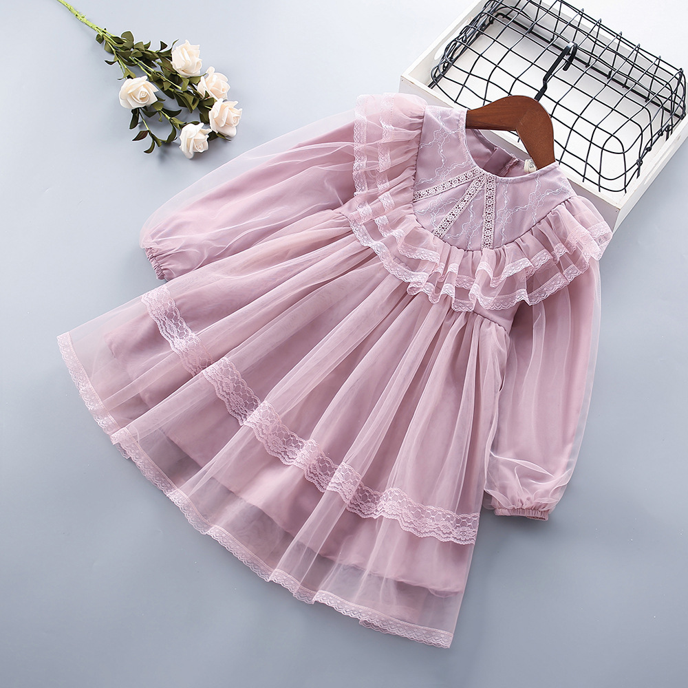 Spring and Autumn Girls' Dress Long-sleeved Korean Style Children's Wear Large-size Children's Lace Poncho Dress Children's Princess Dress