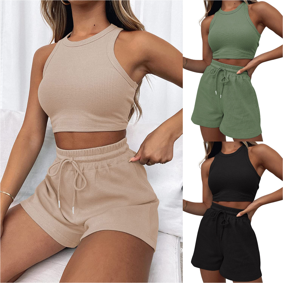 2024 Cross-border Summer New Sleeveless Waffles Set Solid Color Vest Fashion Casual Short 2-piece Set for Women