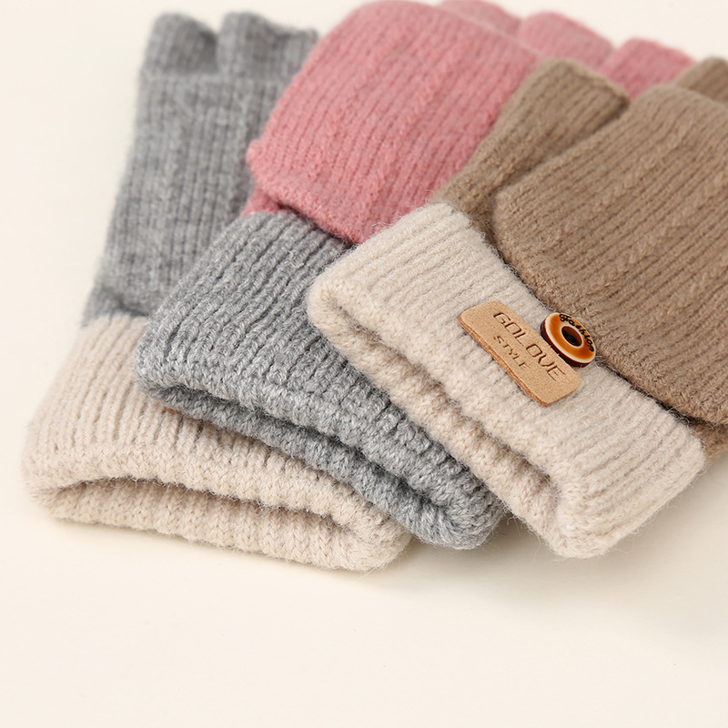 Half finger flip gloves winter warm fleece-lined cold-proof gloves wool knitted gloves autumn and winter open finger finger gloves