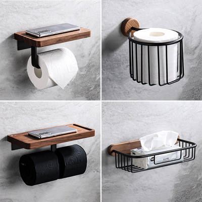 Creative solid wood tissue holder punch-free toilet tissue box toilet mobile phone storage rack black walnut roll paper holder