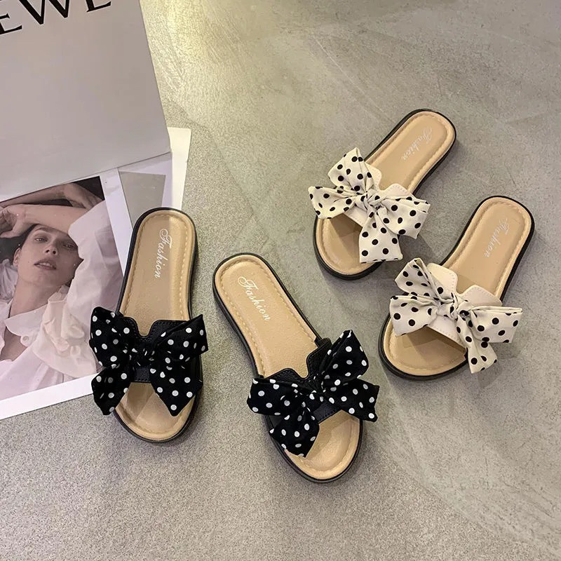 2024 Summer new bow slippers outer wear Korean flower beach shoes sandals women's net red ins flat shoes
