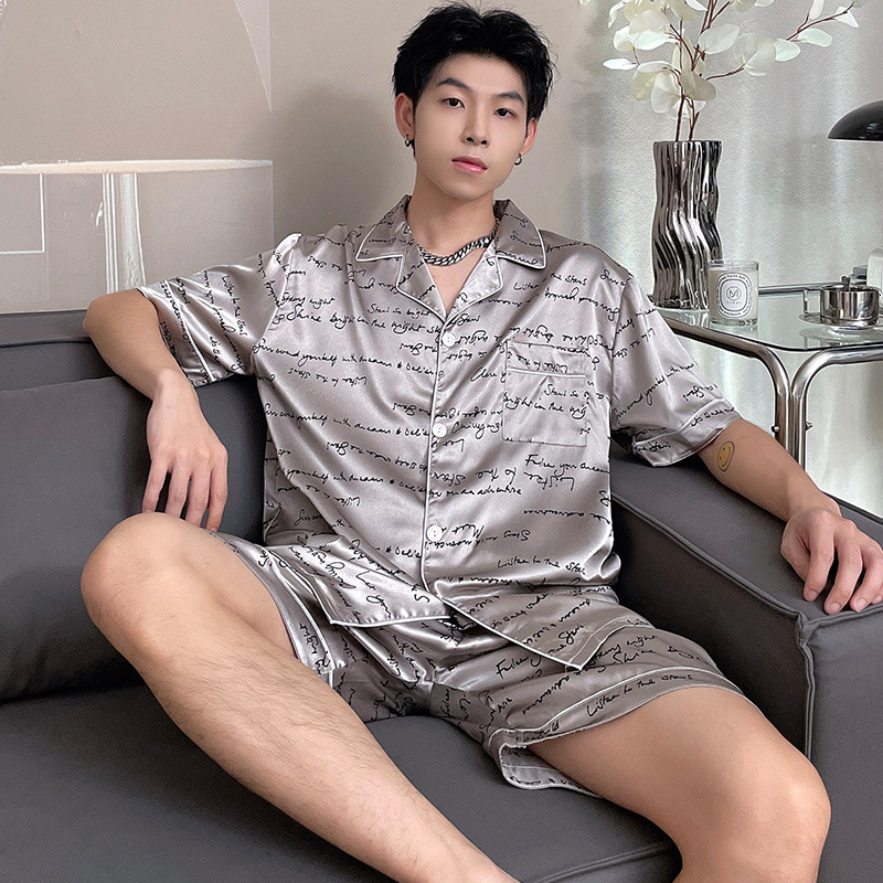 Plus size plus size men's pajamas Ice Silk short-sleeved shorts summer lapel fat fat loose homewear