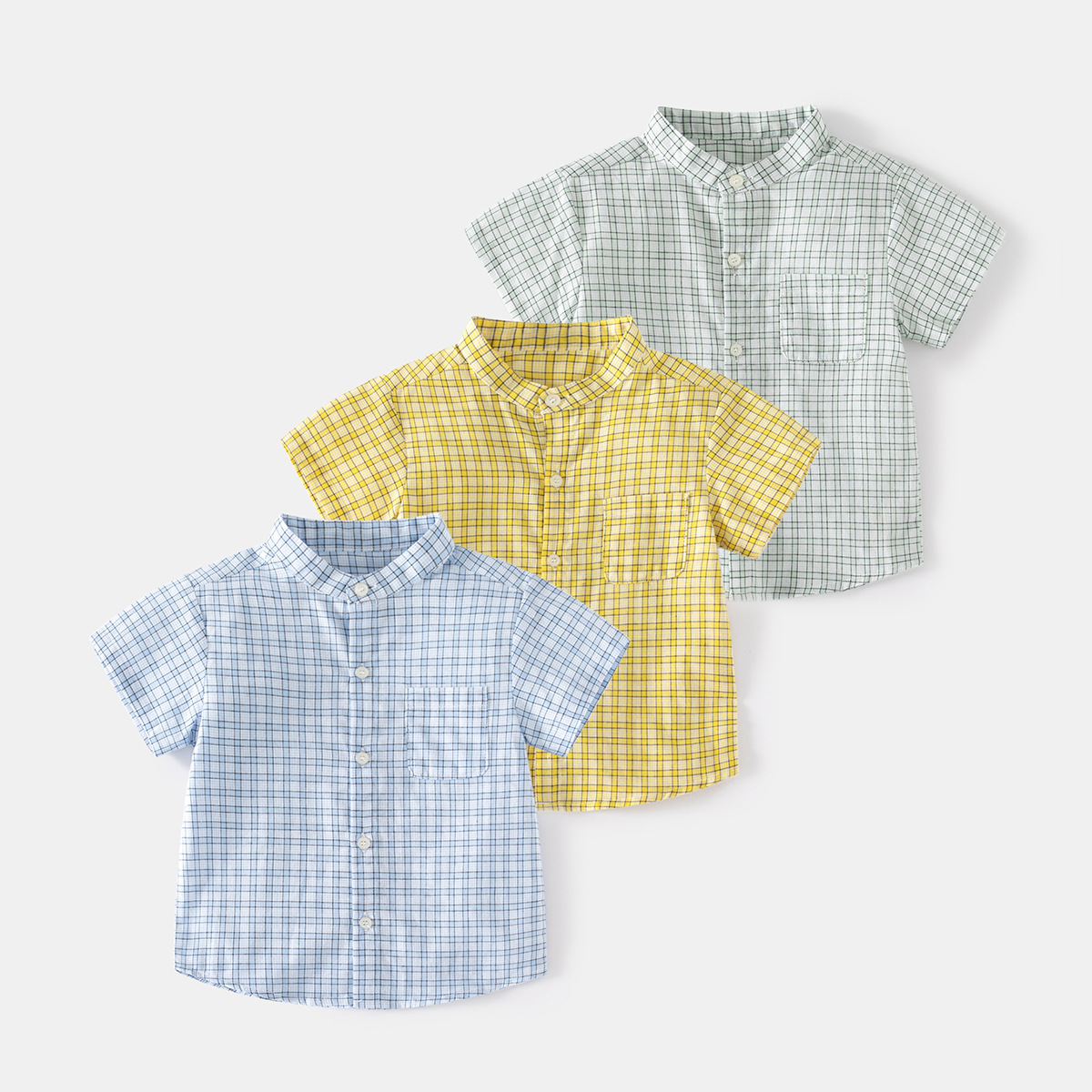 Summer soft and comfortable moisture wicking Plaid stand collar short sleeve fashion outdoor casual style medium and small boys' shirt