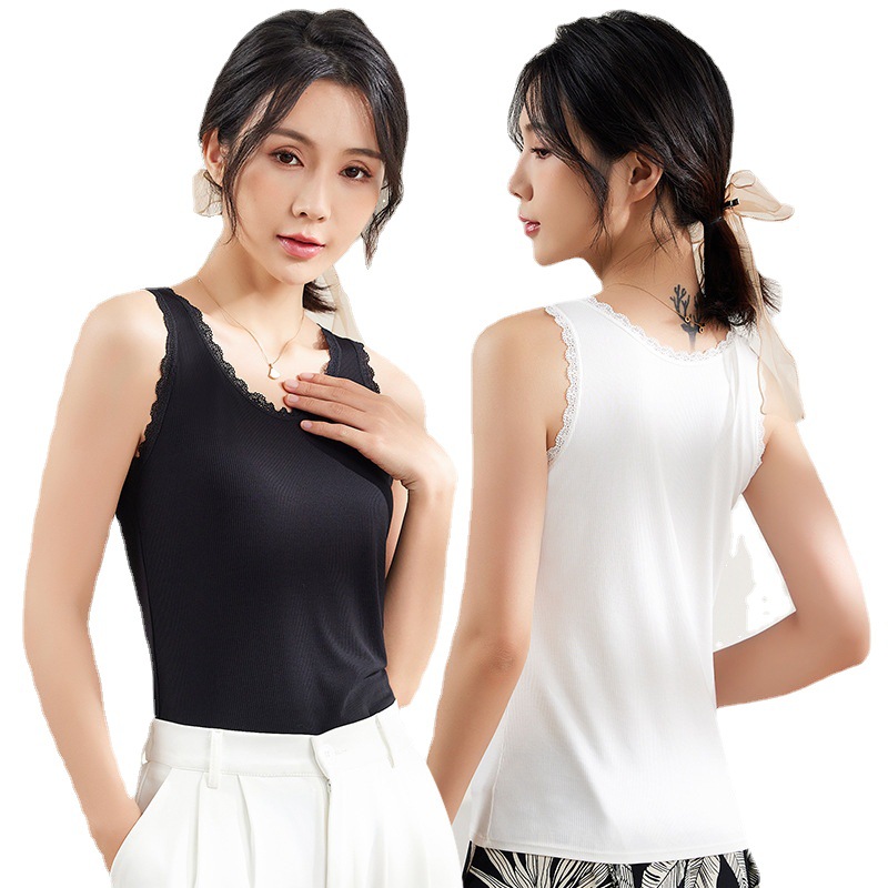 Spring 2025 New Wide Shoulder Vest Women's Threaded Slim-fit Slim-fit Base Top Round Neck plus size Elastic Vest