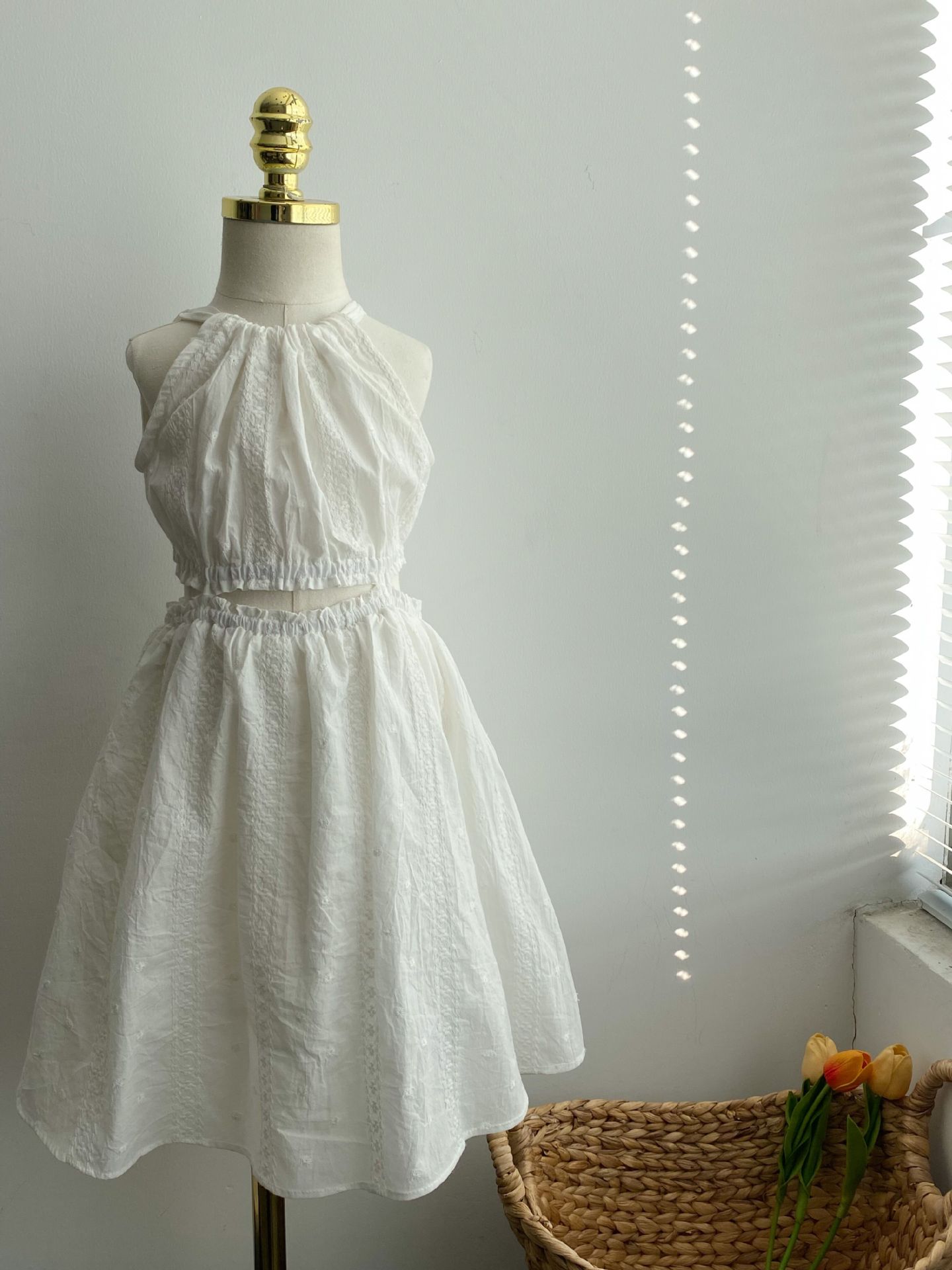 Girl's Mori white embroidered dress 2024 Summer Korean style children's dress halter strap fairy dress women