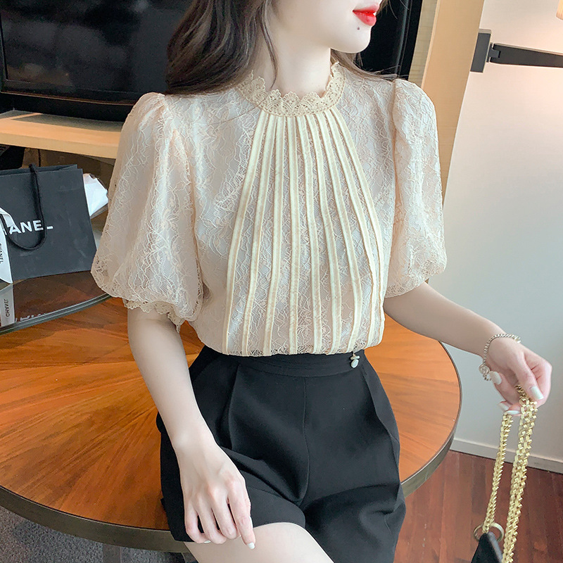 2023 French Retro Lace Crewneck Lace Shirt Half Sleeve Chic Striped Top Salt Sweet Art