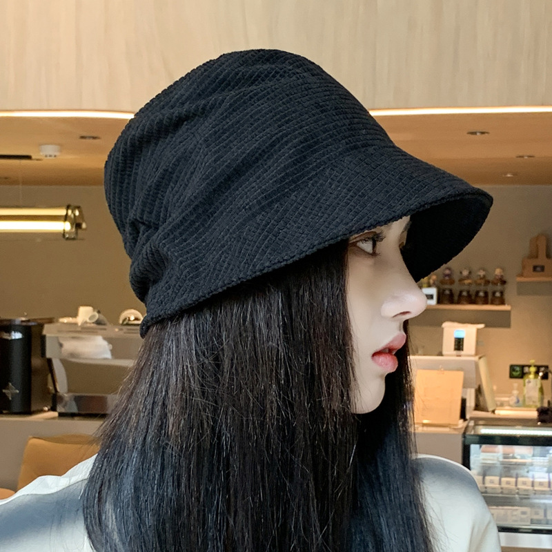Fisherman hat women's autumn plain face-covering bucket hat corduroy face-looking small all-match Japanese Harajuku basin hat short brim