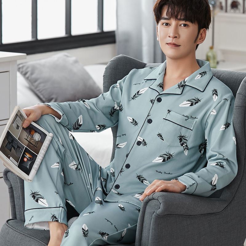 Fashionable Double-sided Cotton Pajamas Men's Long-sleeved Spring and Autumn Plus Size Green Middle-aged Casual Winter Home Suit
