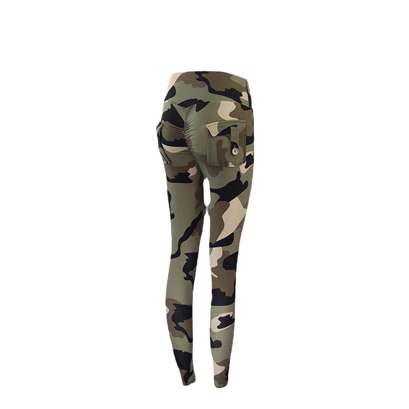 European and American Cross-border Camouflage Workwear Pocket Yoga Suit Women's Summer High Waist Running Hip Peach Fitness Suit
