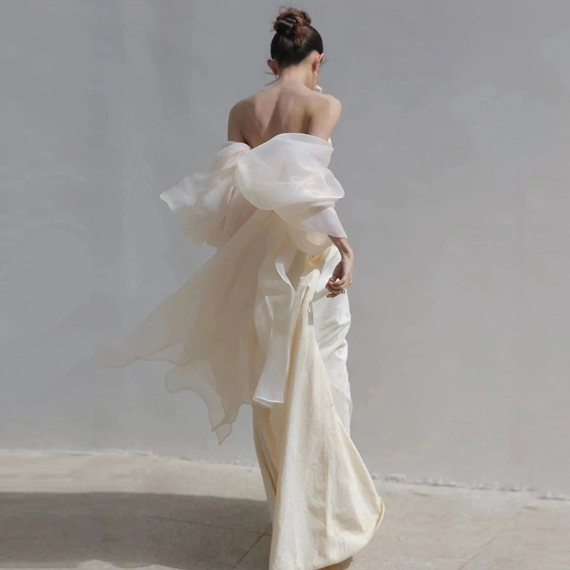 French Strapless Light Wedding Dress 2024 Summer New Mori Satin Welcome Gauze Fishtail Slim Dress Factory Supply