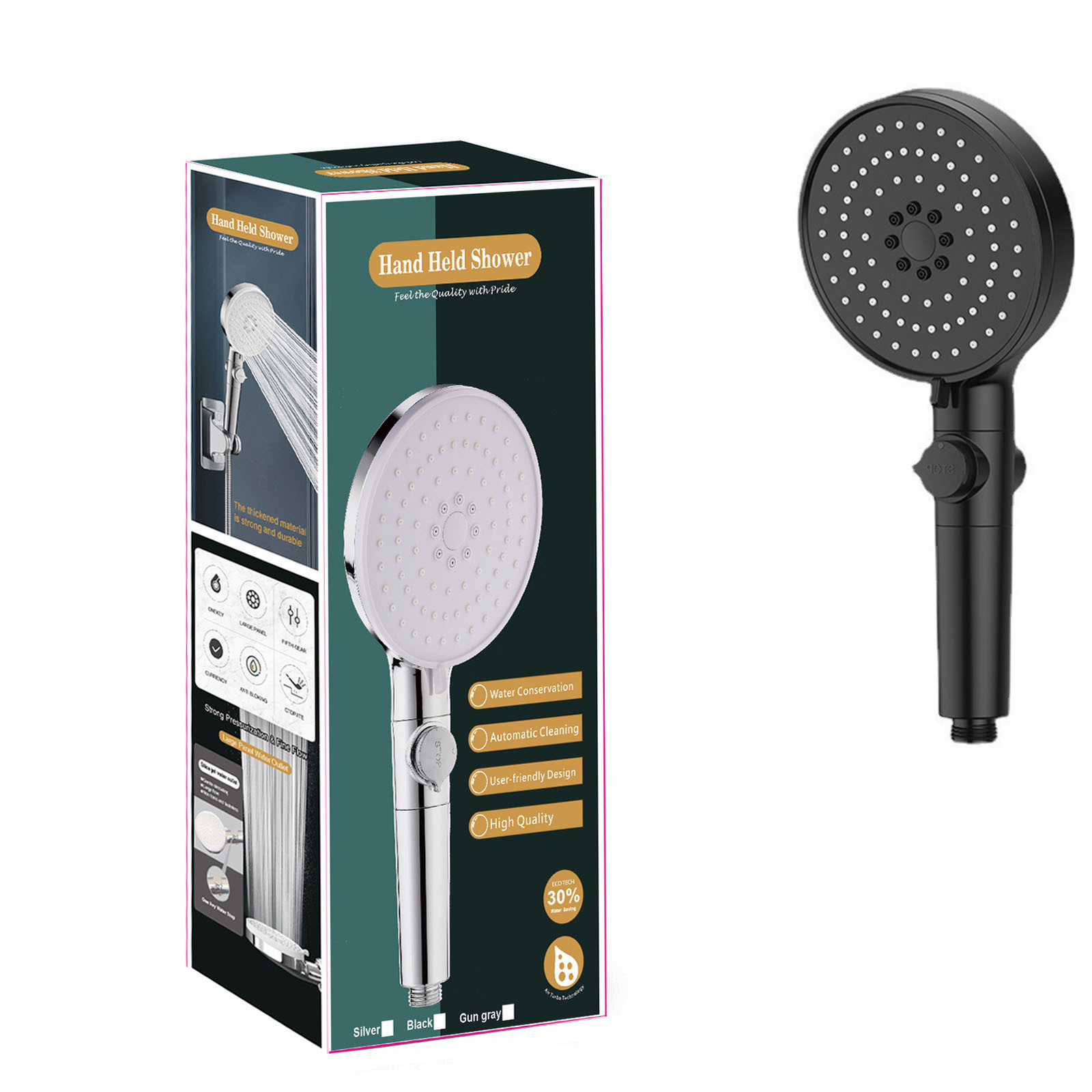 Large water spray five-speed multifunctional pressurized shower head frosted black large hand-held shower head suit