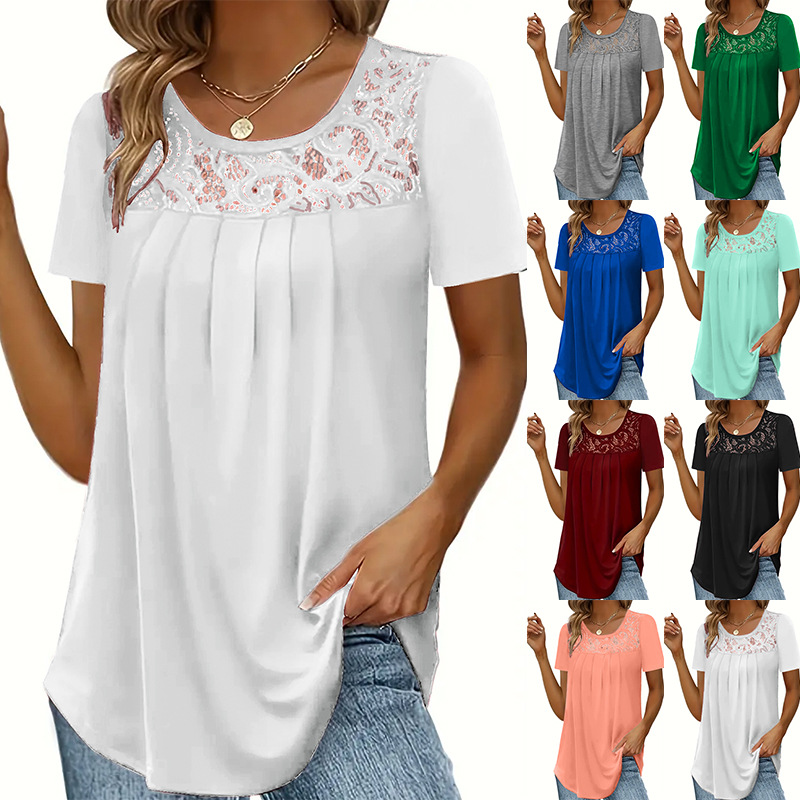  New Amazon AliExpress European and American Clothing Fashion Top Neck Solid Color Lace Short Sleeve T-Shirt