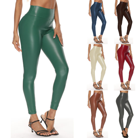 wish AliExpress Explosions PU Leather Pants Women's European and American High Waist Elastic Hip Leather Pants Women's Autumn and Winter New Leggings