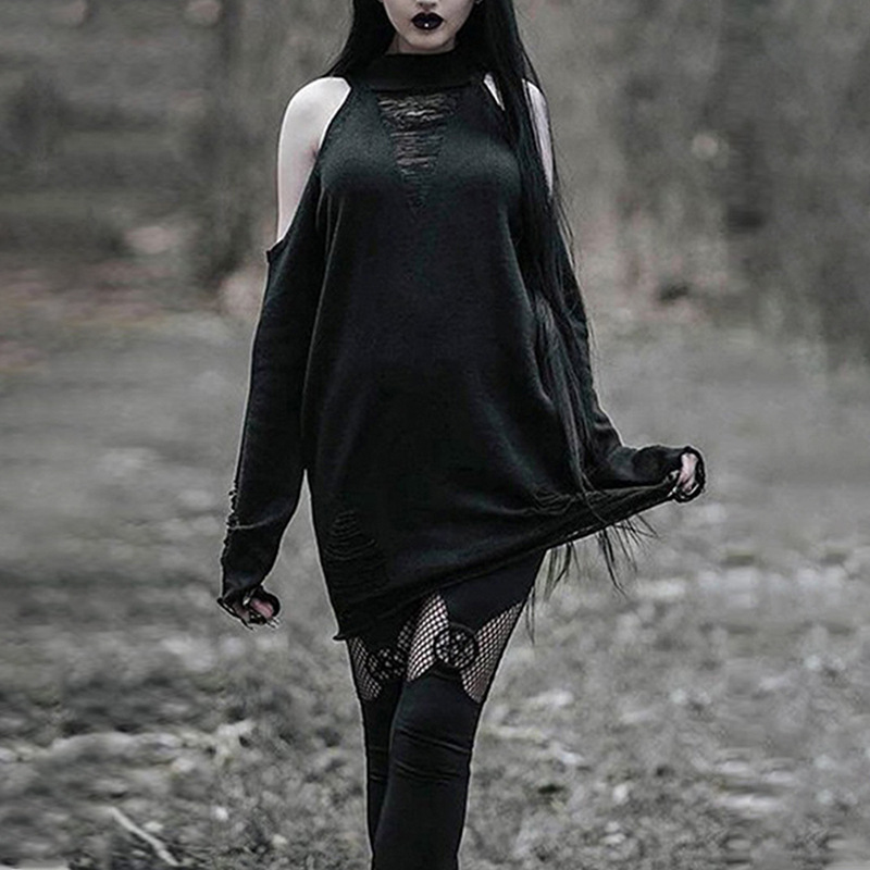 Cross-border European and American black ripped off-shoulder sweater autumn and winter punk lazy loose round neck long sleeve Gothic style women's sweater