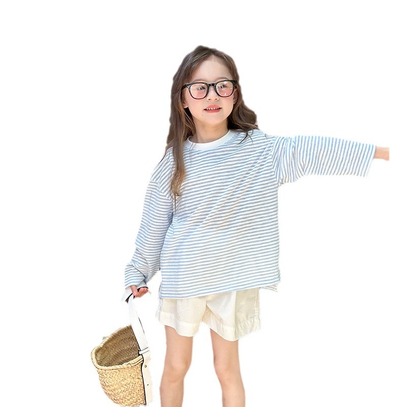 Elmo Beibei Zhongda Girls Summer Thin Long-sleeved T-shirt Trendy Children's Korean-style Western-style Loose Striped Sun-protective Clothing