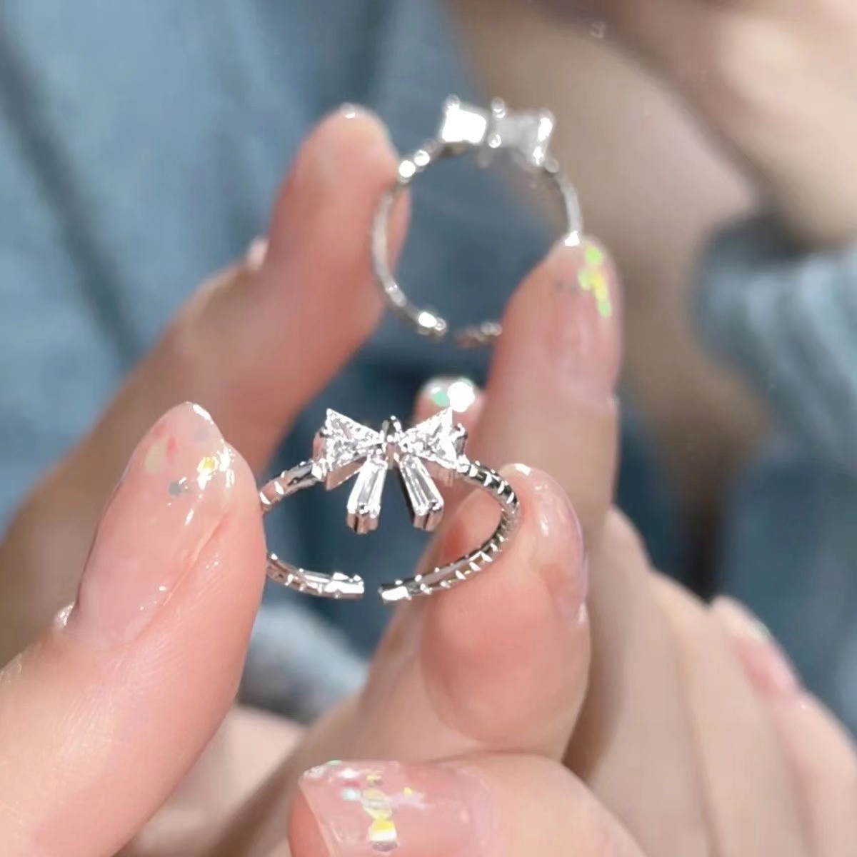 "Time Princess" ragazza cuore tutto-fiammifero dolce temperamento fiocco argento anello aperto anello regolabile_voghion.com