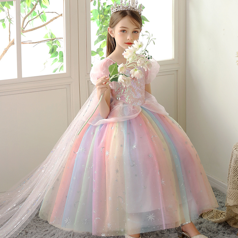 2025 New Summer Princess Aisha Dress Pink Colorful Short Sleeve Children's dress Girls Performance Dress