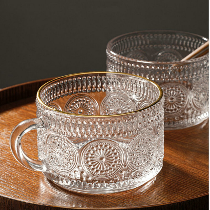 Nordic style vintage embossed glass sunflower coffee cup pearl milk cup milk tea cold drink juice cup