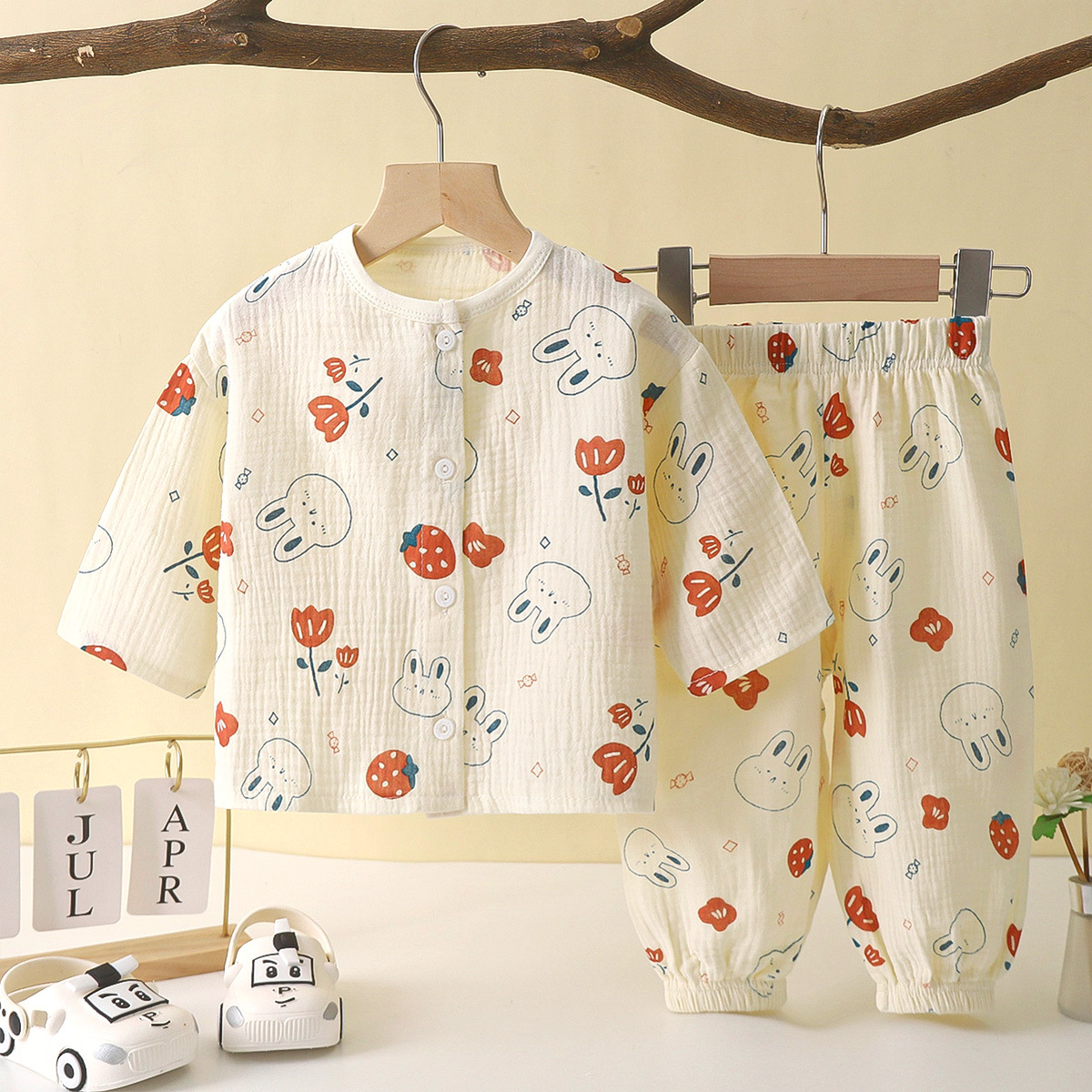 New Children's Double-layer Cotton Yarn Home Clothes for Boys and Girls Spring and Summer Air-conditioning Clothes for Baby Thin Breathable suit