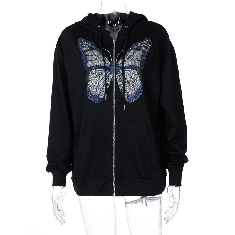  Autumn and Winter European and American Clothing Casual Loose Jacket Tops Butterfly Hot Diamond Print Long Sleeve Hooded Sweatshirt for Women