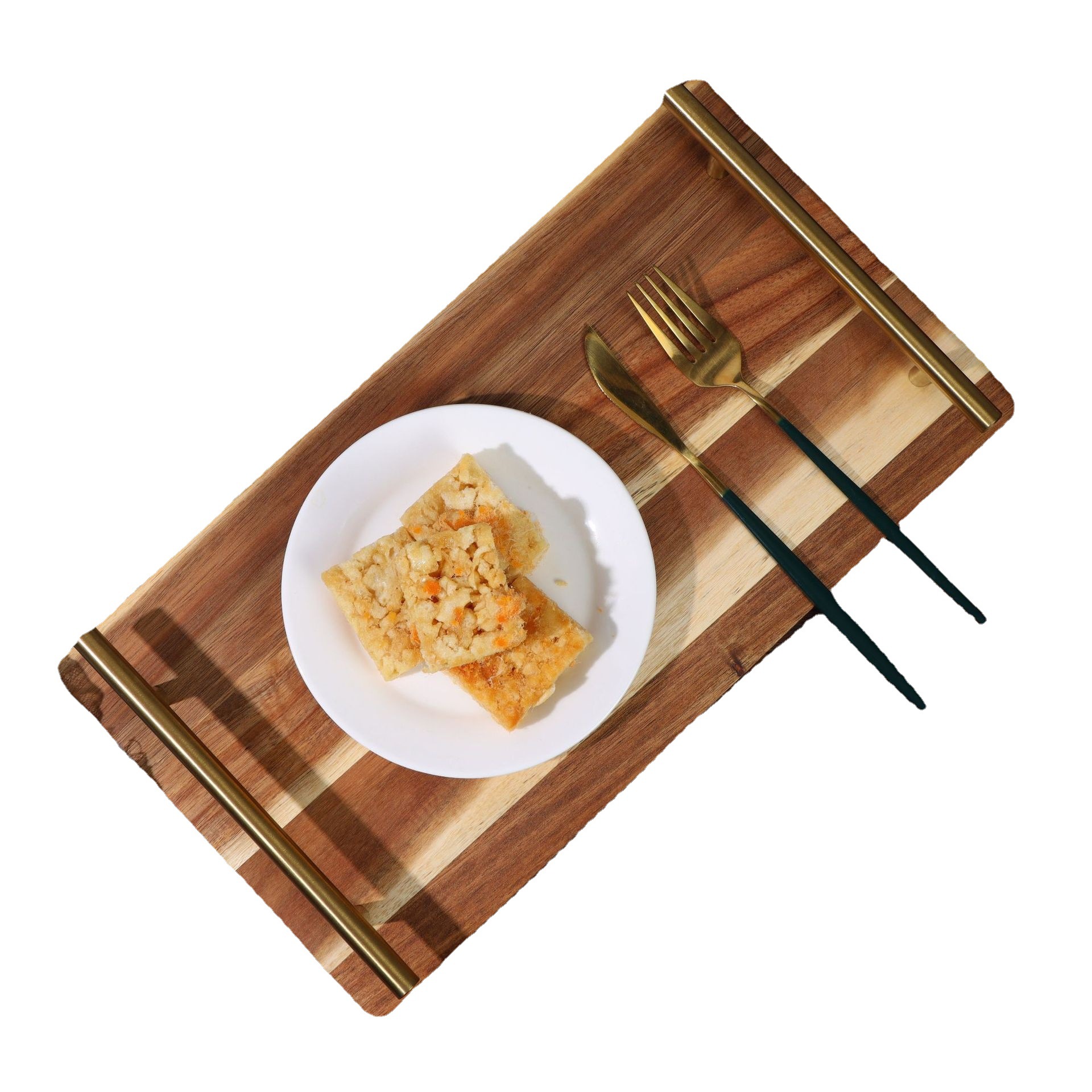 Acacia Wooden Tray with Metal Handle Restaurant Hotel Sushi Plate Household Dinner Plate Cake Dessert Afternoon Tea Tray