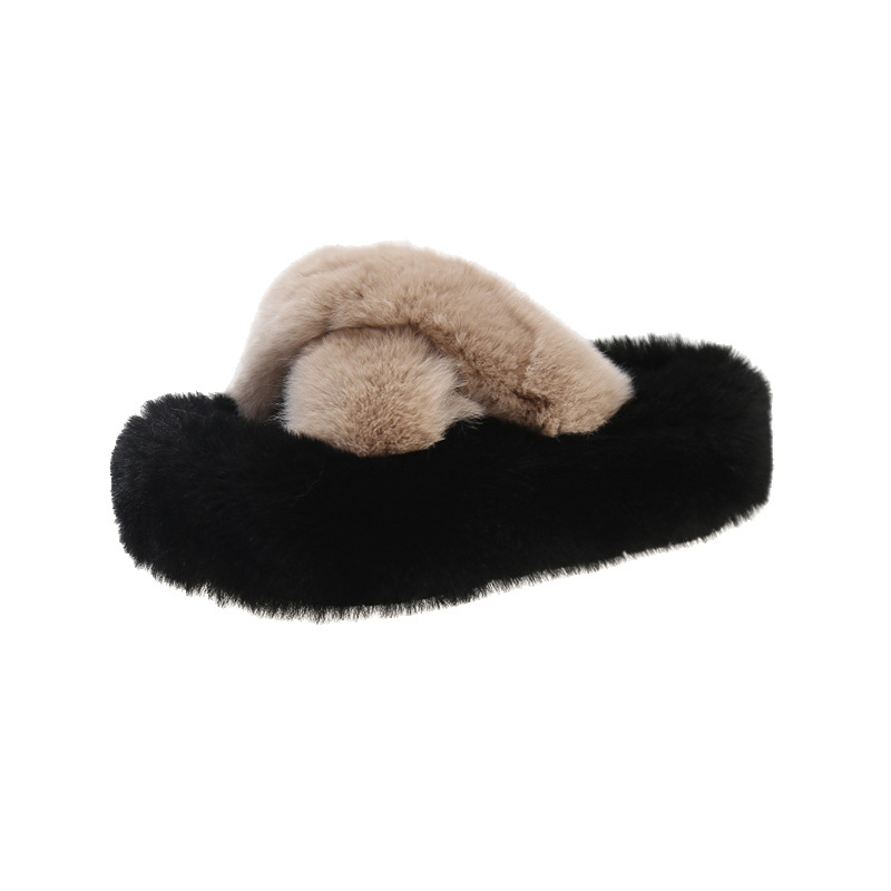 Increased 7cm thick-soled fluffy slippers women's autumn and winter outer wear 2024 new European explosion color matching wool plush cotton slippers