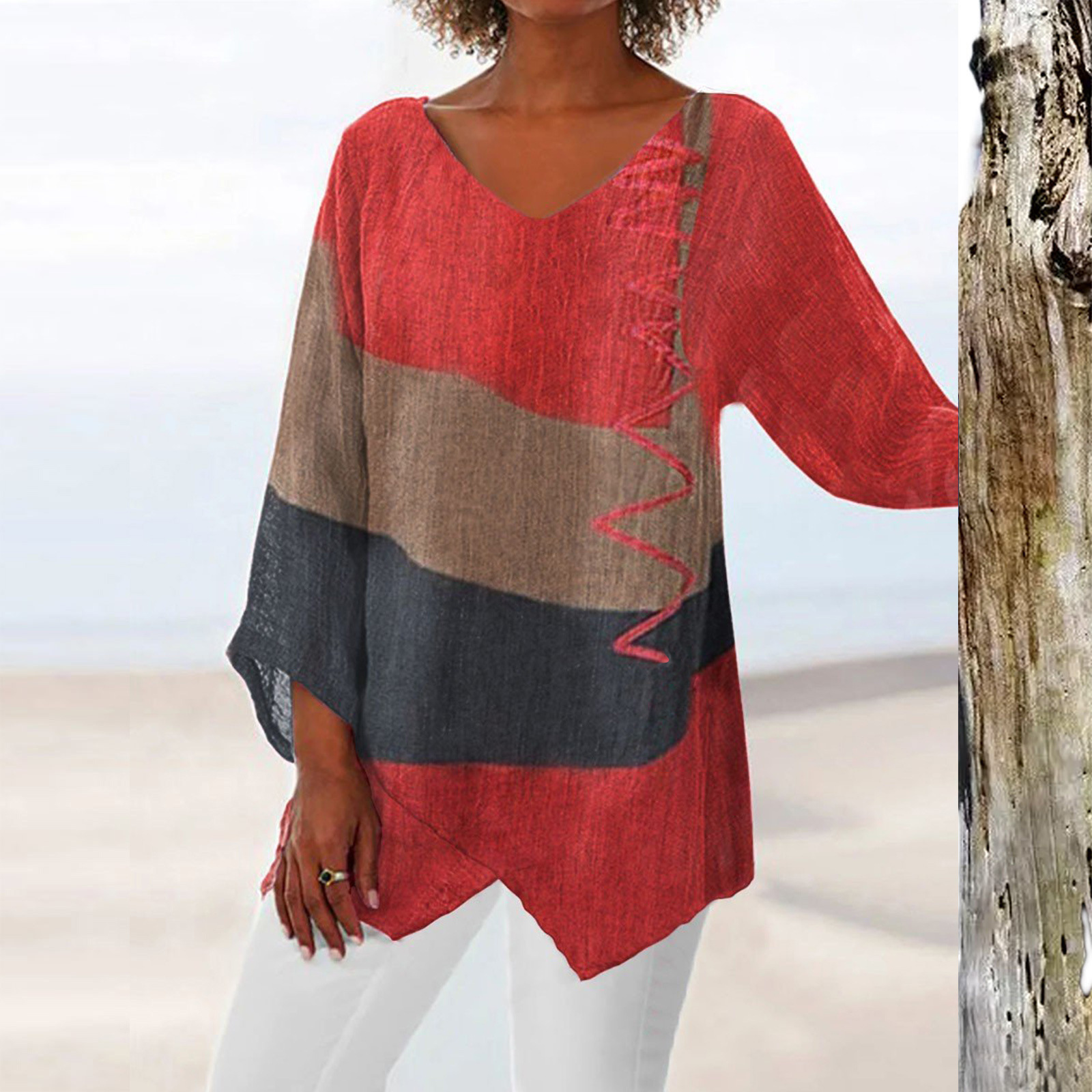 Fall 2024 European and American new casual loose V-neck irregular hem art print long sleeve retro top for women