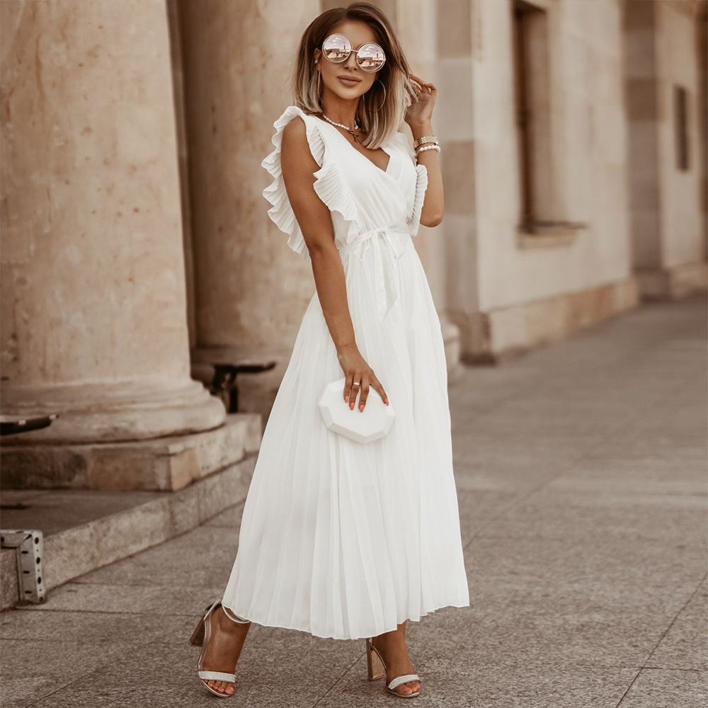 European and American Amazon Elegant Beach Long Dress Fashion Slim Fit Sexy Lotus Sleeve Chiffon Pleated Dress Solid Color Dress
