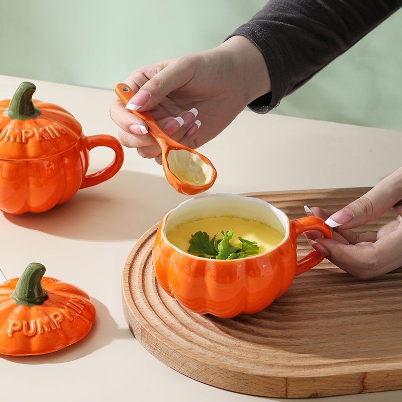 Cross-border Halloween Cartoon Cute Creative Pumpkin Cup Ceramic with Lid Children's Breakfast Cup Dessert Soup Cup Mug