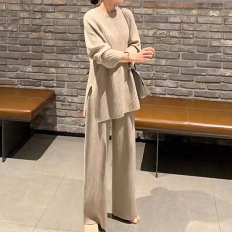 2024 Spring and Autumn New Lazy Style Retro Loose Split Sweater Wide Leg Pants Fashionable Age-reducing Knitted suit Pants for Women