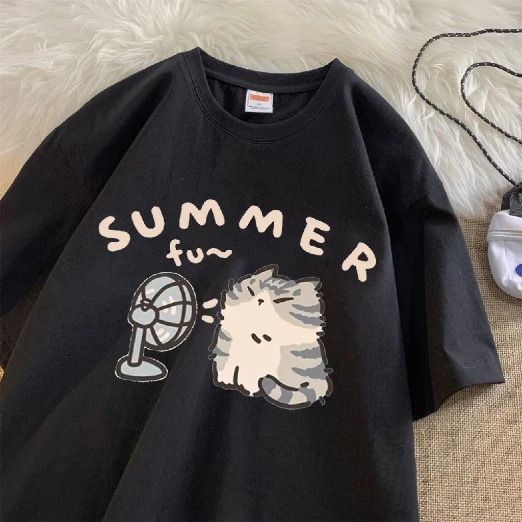 2024 summer New plus size round neck short sleeve t-shirt women's cute cartoon printed loose all-match top